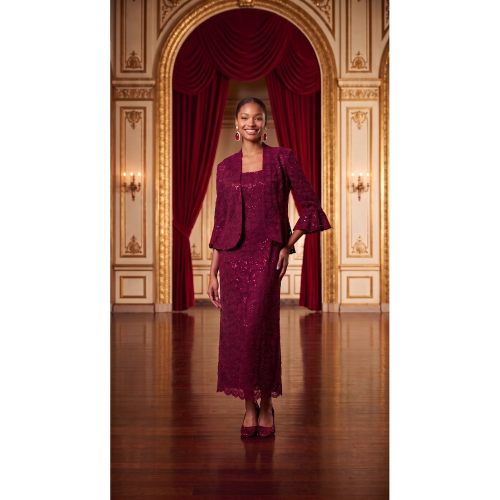 R&M Richards Lace Dress Set Merlot Bell Sleeve Midi Sz. 12P Wedding Event